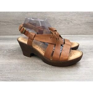 Born Women's Tan Comfort 10 Leather Strappy Wedge Heel Buckle Strap Shoes